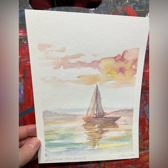 Artettina Other - Original sailboat sunset painting schooner art ocean marine nautical handmade